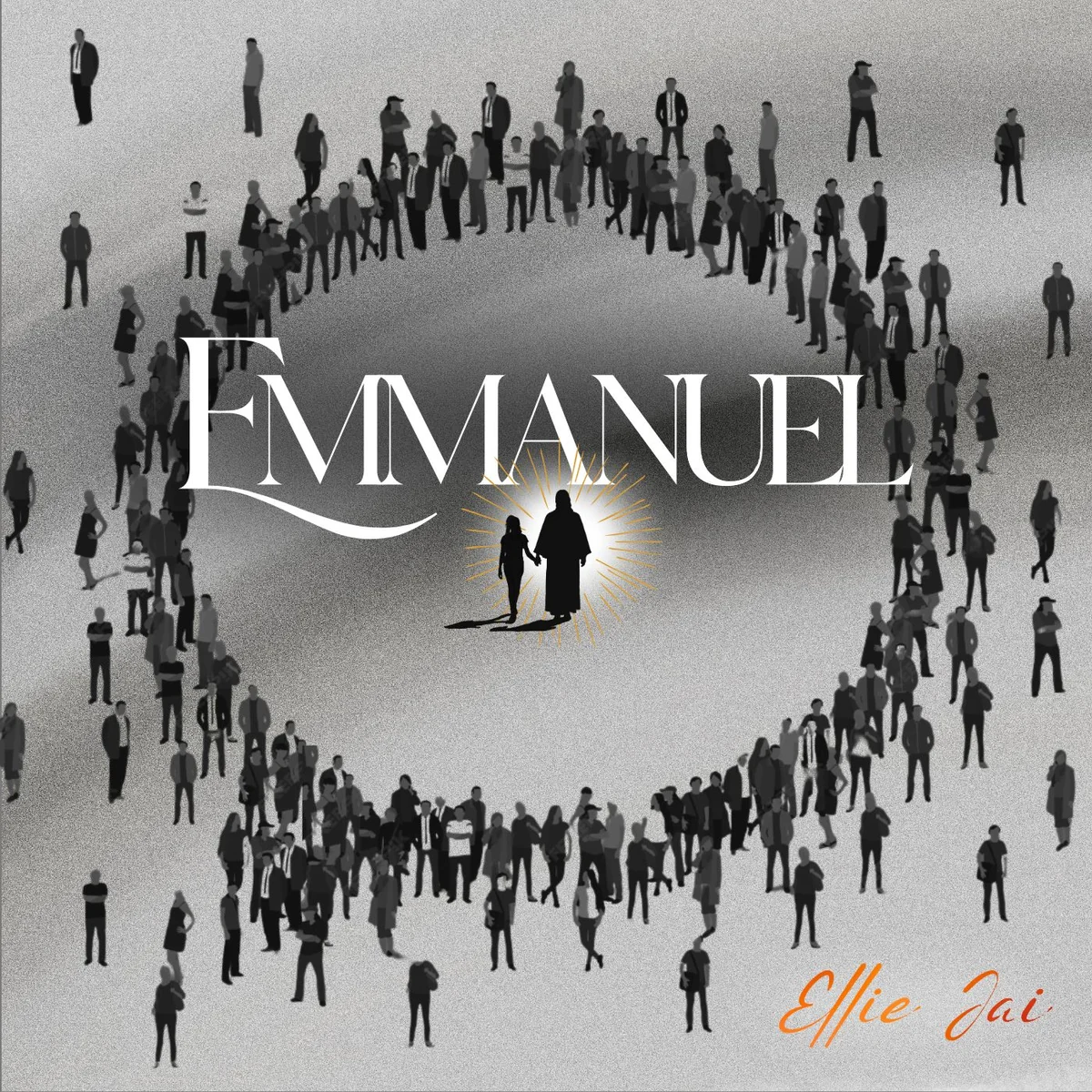 Ellie Jai “Emmanuel” album cover: a crowd circling a girl and a robed figure in golden light, designed by Surge