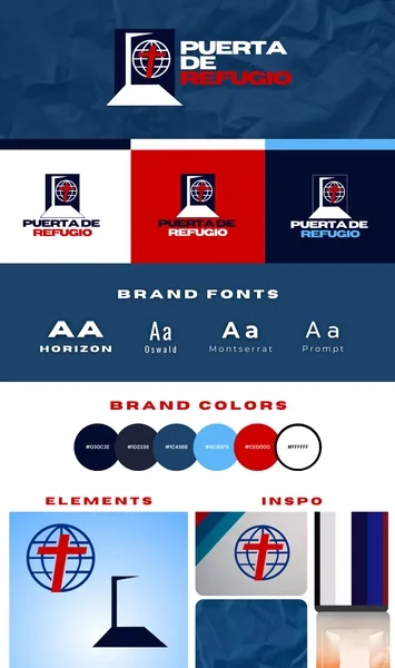 Puerta de Refugio brand board with fonts, colors and logo elements, designed by Surge