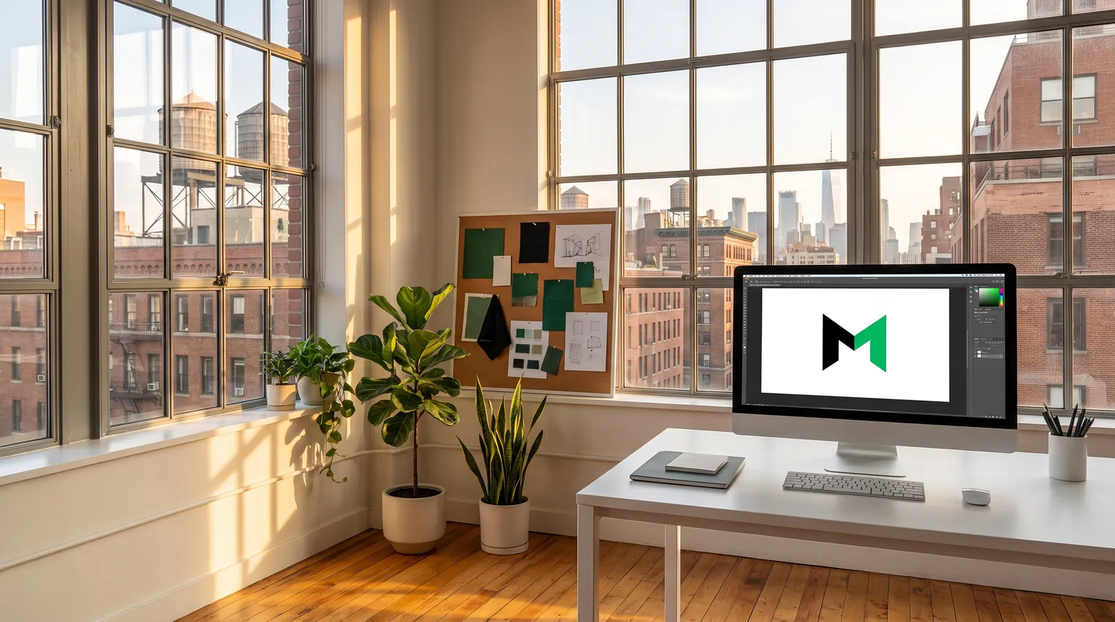 Surge design studio desk with the M logo on screen and a New York view