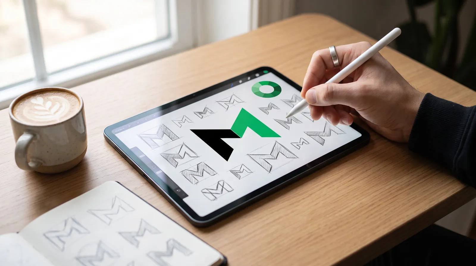 Designer sketching Surge M logo variations on a tablet