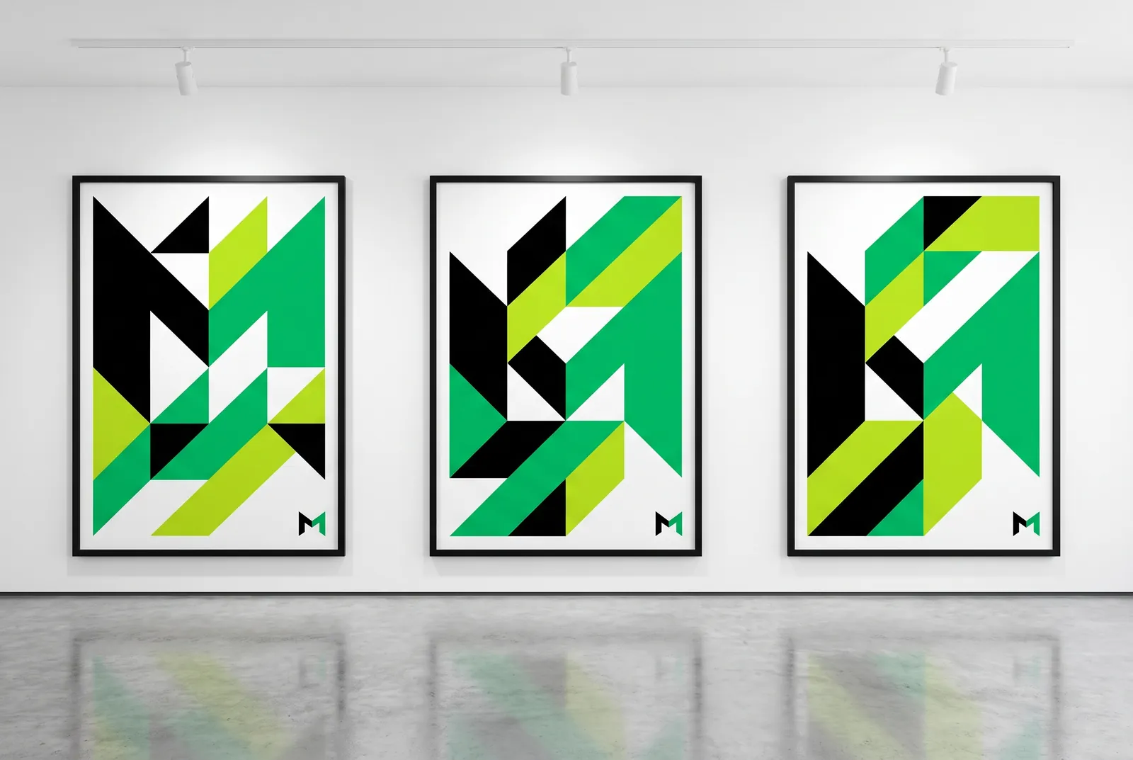 Three geometric posters in Surge green, lime and black