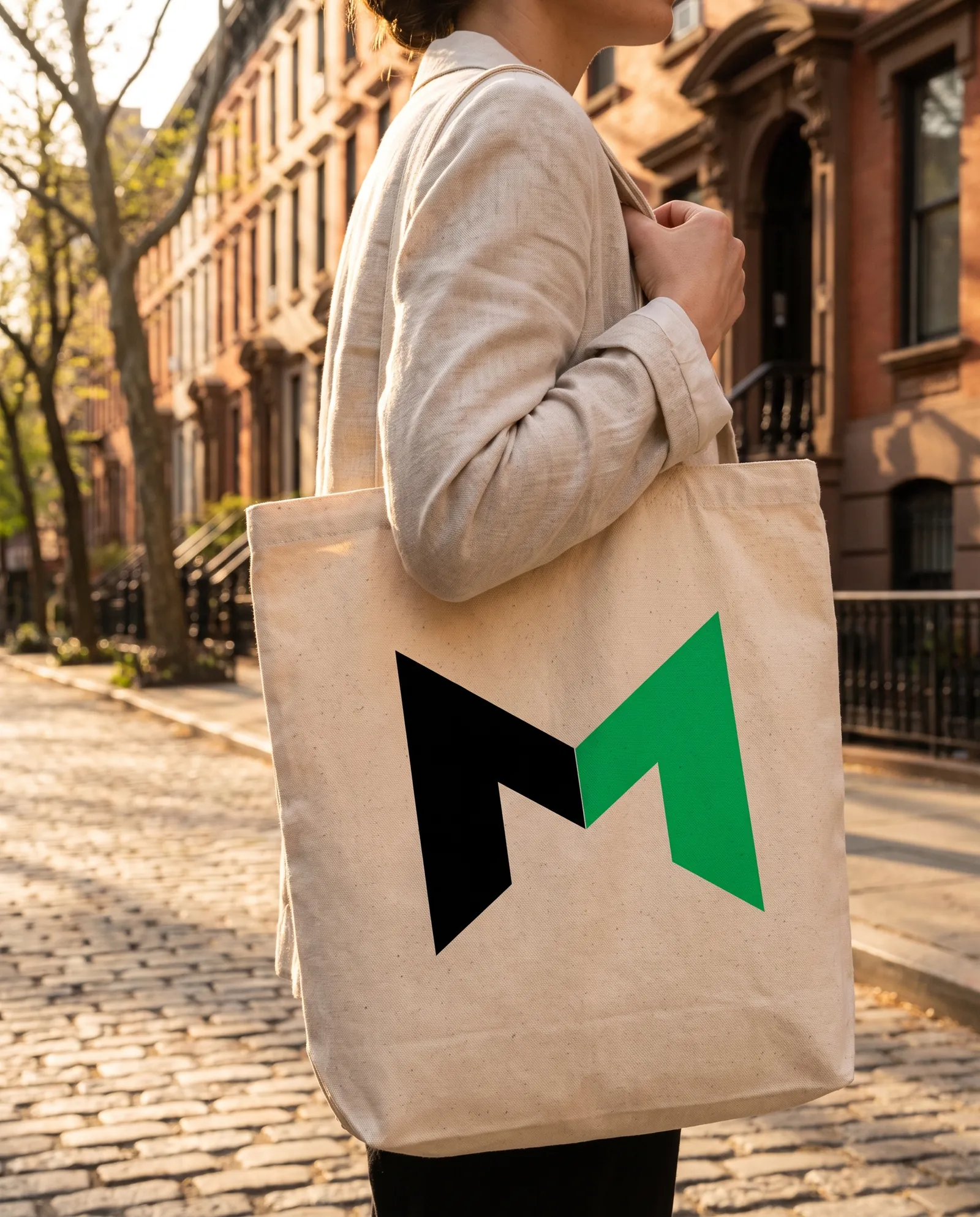 Canvas tote bag with the Surge M logo on a New York street